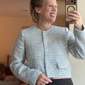 Zara Size Medium Light Baby Blue w Cream Cropped Tweed Sequin Blazer Jacket Coat
